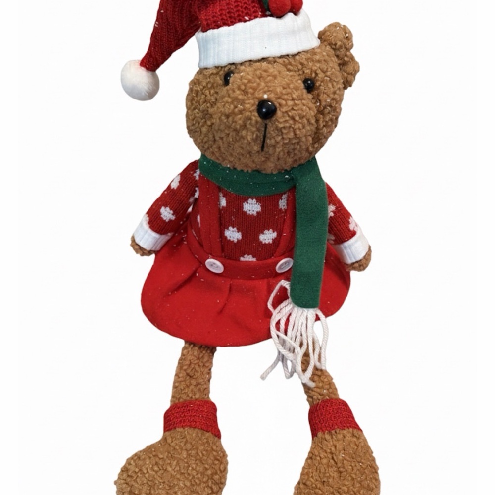 Holiday Teddy Bear with Red Outfit and Green Scarf